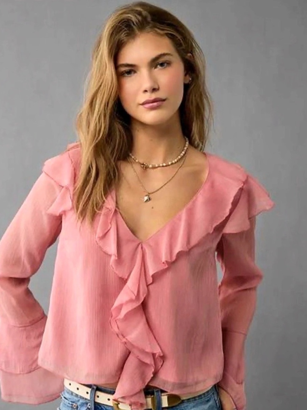 American Eagle AE Ruffle V-Neck Chiffon Bell Sleeve Blouse Ruffle Blouse in Pink